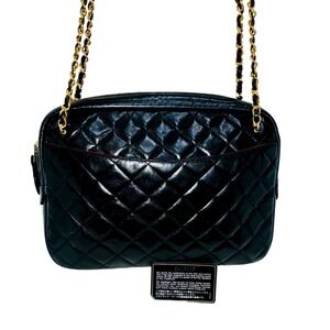 Vintage Chanel Camera Quilted Shoulder Bag Black Leather Gold Chain